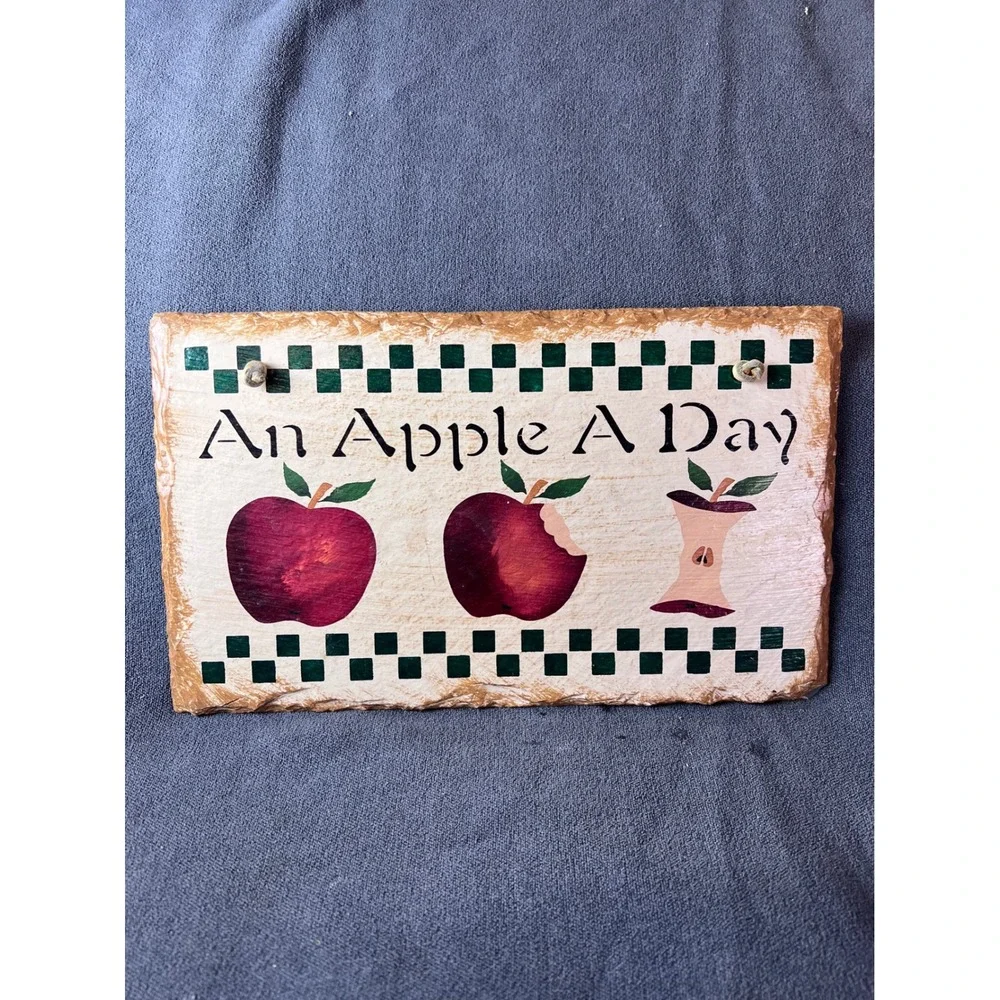 Vintage Country Farmhouse An Apple A Day Painted Slate Wall Plaque Sign Decor